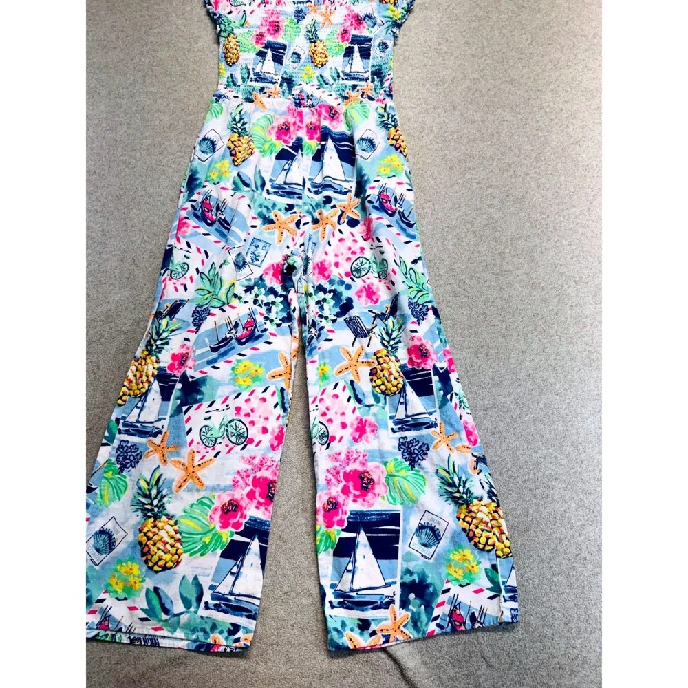 Gymboree Girls Size 12 Linen Blend Smocked Nautical Tropical Wide Leg Jumpsuit